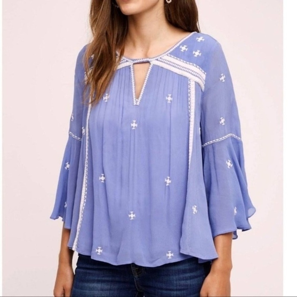 Floreat Anthropologie Blouse Womens 00 Blue Embroidered Flare Sleeve Peasant Top